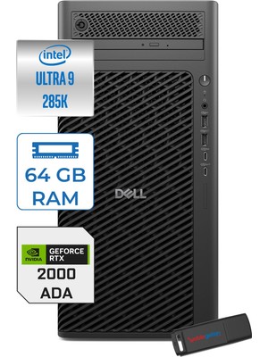 Dell Pro Max Tower T2 Intel Core Ultra 9 285K 5.7 Ghz 64GB Ddr5 512GB SSD Windows 11 Pro Nvidia Rtx A2000 Ada 16GB Gddr7 Iş Istasyonu FCT2250285K2000P13 + Zetta Flash Bellek