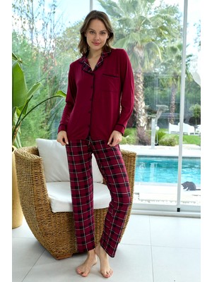 Remsa Kadın Ekose Desenli Önü Düğmeli Yumuşak Milan Kumaş Pijama Takımı 250355 Mürdüm