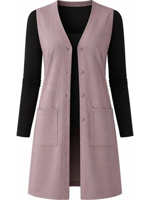 Mavimoure Kadın Anne Uzun Ince Düğmeli Cepli Penye Yelek