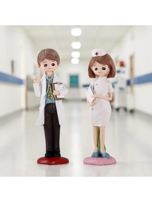 Elifeshop Lüks Polyester Doktor & Hemşire Biblo 2’li Set 20 cm Dekoratif Heykel Ofis Klinik Hastane Hediyesi
