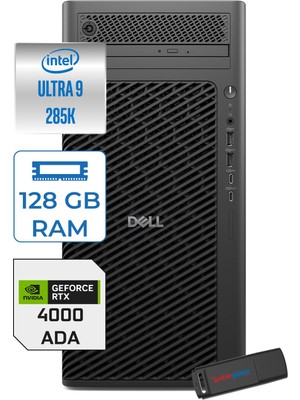 Dell Pro Max Tower T2 Intel Core Ultra 9 285K 5.7 Ghz 128GB Ddr5 512GB SSD Windows 11 Pro Nvidia Rtx A4000 Ada 20GB Gddr7 Iş Istasyonu FCT2250285K4000P31 + Zetta Flash Bellek