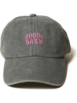 Nome Studio Nakışlı Açık Gri Şapka Y2K Streetwear Şapka Yıkamalı Kumaşlı ve Pembe Yazı Nakışlı Pamuklu Şapka