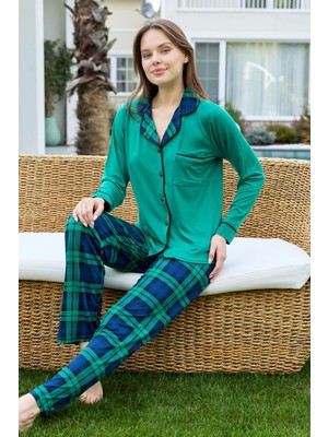 Remsa Kadın Ekose Desenli Önü Düğmeli Yumuşak Milan Kumaş Pijama Takımı 250386 Zümrüt Yeşil