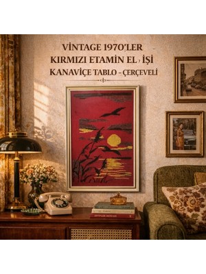Vintage 1970’LER Kırmızı Etamin El Işi Kanaviçe Tablo – Çerçeveli
