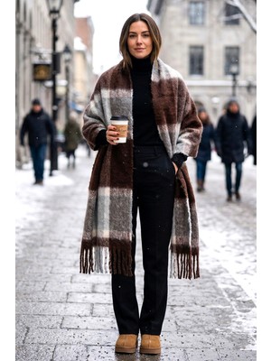 Remsa Kadın Gri Ekose Desenli Atkı Şal 1305 Kahverengi