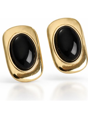 Serelya Vintage Siyah Taşlı Kare Model Kadın Küpe (Gold Çerçeve)