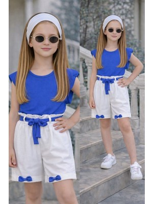 Burçak Butik Kız Çocuk Yazlık Müslin Şortlu Set | Bluz Bandana Kemer Tak-Çıkar Fiyonk Hediyeli Takım