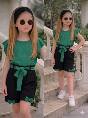 Burçak Butik Kız Çocuk Yazlık Müslin Şortlu Set | Bluz Bandana Kemer Tak-Çıkar Fiyonk Hediyeli Takım