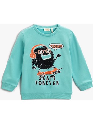 Koton Baskılı Uzun Kollu Sweatshirt Bisiklet Yaka