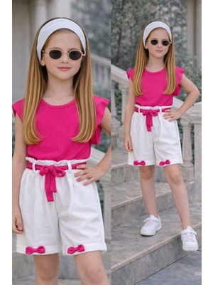 Burçak Butik Kız Çocuk Yazlık Müslin Şortlu Set | Bluz Bandana Kemer Tak-Çıkar Fiyonk Hediyeli Takım