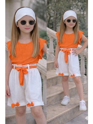 Burçak Butik Kız Çocuk Yazlık Müslin Şortlu Set | Bluz Bandana Kemer Tak-Çıkar Fiyonk Hediyeli Takım