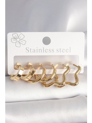 Lims Store 316L Çelik Gold Renk Yıldız Halka Model Kadın Küpe Seti