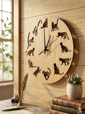 Ahşap Kedi Desenli Duvar Saatı