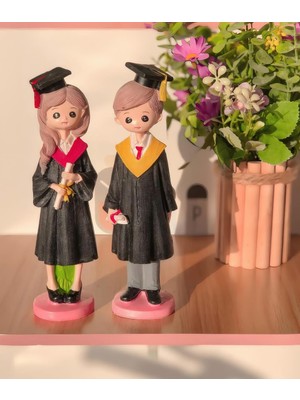 Elifeshop Lüks Polyester Mezun Öğrenci Biblo 2’li Set 20 cm Dekoratif Reçine Heykel Yeni Mezun & Okul Hediyesi