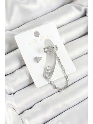 Lims Store Pirinç Üçgen Figürlü Zirkon Taşlı Gümüş Renk 3&AMP;#39LÜ Kıkırdak Kadın Küpe Set