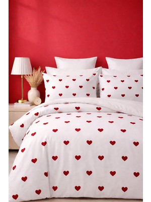 More Home Çift Kişilik Yorgan Kılıfı + Yastık Kılıfı (Çarşafsız) Kalp Desenli Beyaz Kırmızı