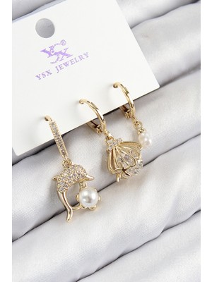 Lims Store Pirinç Zirkon Taşlı 3&AMP;#39LÜ Yunus Balığı ve Istiridye Model Gold Renk Kadın Küpe