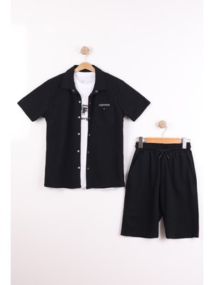 Joy Kids Erkek Çocuk Petek Kumaşlı Geniş Kalıp 3 Parça Takım (16-Xs) (Siyah)