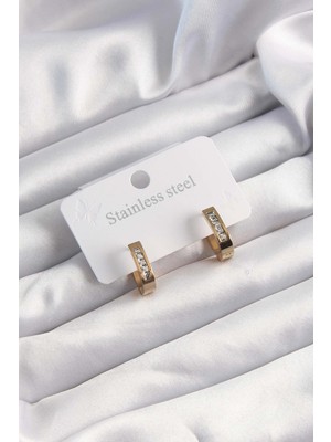 Lims Store 316L Çelik Altın Renk Zirkon Taşlı Halka Model Küpe