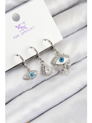 Lims Store Pirinç Zirkon Taşlı 3&AMP;#39LÜ FATMA&AMP;#39NIN Gözü Model Gümüş Renk Kadın Küpe