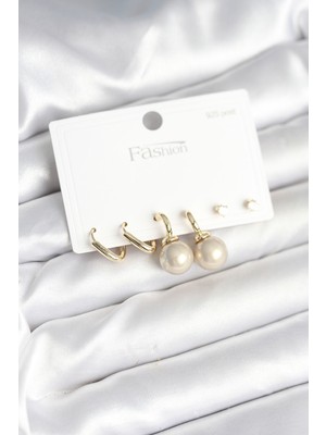Lims Store Pirinç Gold Renk Inci Detaylı 925 Gümüş Çivili Kadın Küpe Seti