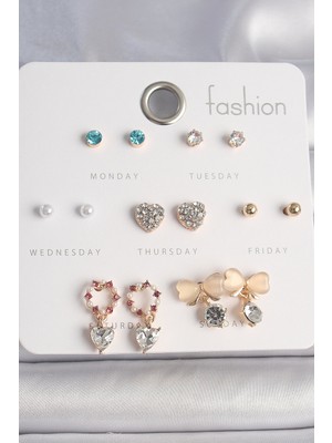 Lims Store Pirinç Gold Renk Zirkon Taşlı Kalp Beyaz Mineli Fiyonk Figür 7 Çift Kadın Küpe Seti