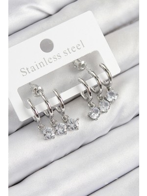 Lims Store Pirinç Sallantılı Zirkon Taşlı Model Gümüş Renk Kadın Küpe