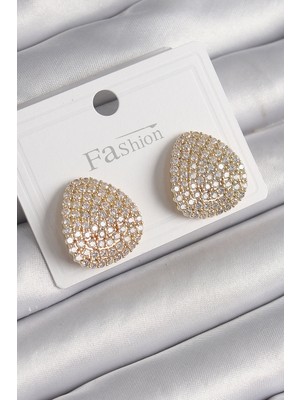 Lims Store Pirinç Gold Renk Zirkon Taşlı Plaka Model Kadın Küpe