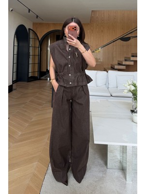 Özge Özgenç Beli Büzgülü Denim Yelek Pantolon Takım