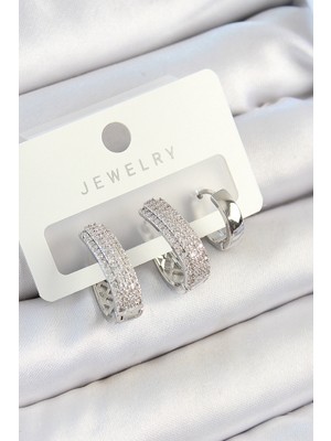 Lims Store Pirinç Zirkon Taşlı Damla Model Gümüş Renk 3&AMP;#39LÜ Çift Kadın Küpe Set