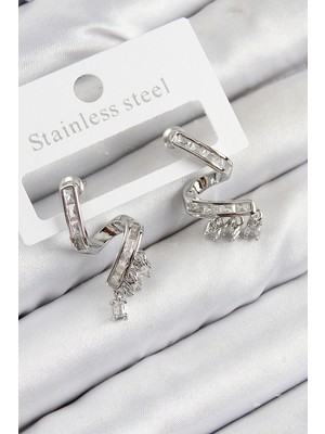 Lims Store Pirinç Zirkon Taşlı Kıvrımlı Model Gümüş Renk Kadın Küpe