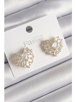 Lims Store Pirinç Gold Renk Zirkon Taşlı Kalp Model Kadın Küpe