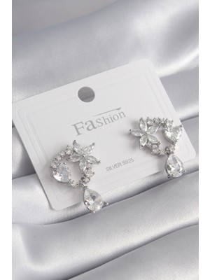 Lims Store Pirinç Gümüş Renk Zirkon Taşlı Çiçek Model Sallantı Detay Kadın Küpe