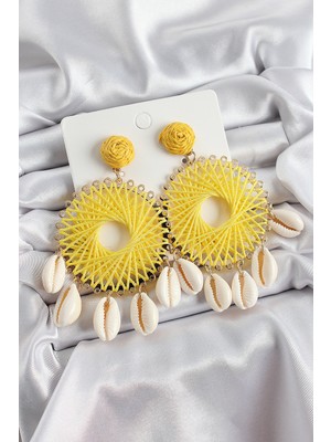 Lims Store Sarı Hasır Örgü Sarmal Model Sallantılı Deniz Kabuğu Detaylı Gold Renk Kadın Küpe