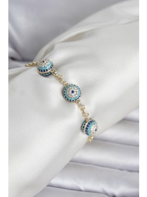 Pirinç Gold Renk Nazarlı Model Zirkon Taşlı Kadın Bileklik - Lisinya