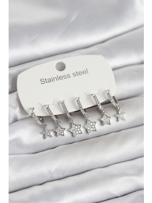 Lims Store 316L Çelik Gümüş Renk 6&AMP;#39LI Set Yıldız Model Kadın Küpe