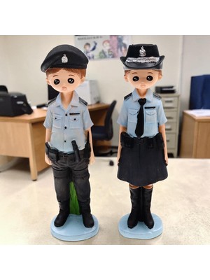Elifeshop Lüks Polyester Polis Biblo 2’li Set 20 cm Dekoratif Reçine Heykel Karakol ve Polis Hediyesi