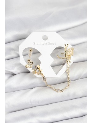 Lims Store Kelebekli Model Pirinç Gold Renk Zincir Bağlantılı Ear Cuff Küpe Seti