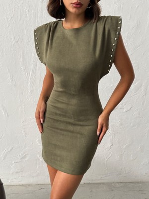 İbeeka Vatkalı V Yaka Sırt Detay Süet Elbise Zımba Detay - Yeşil - S - ST00071-YEŞİL-S