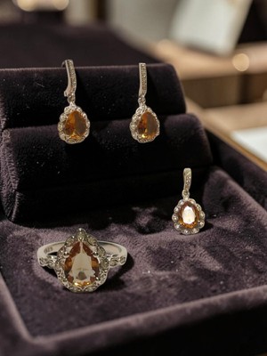 Lunel Silver Doğal Zultanit Taşlı Damla Kesim Gümüş Set - Kolye Ucu, Küpe ve Yüzük