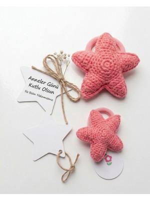 Anne Kız Kombini 2’li El Örgüsü Yıldız Saç Tokası Seti-Anneler Günü Hediyesi Amigurumi Lastikli Toka
