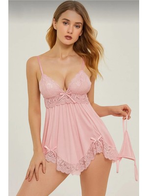 Efil Efil Kadın Pembe Dantelli Tül Gecelik Askılı Iç Giyim Yumuşak Esnek Fantazi Gecelik