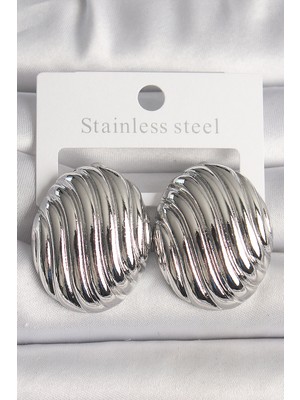 Elif Asya Ceyiz Tekstil Pirinç Gümüş Renk Işlemeli Oval Model Kadın Küpe