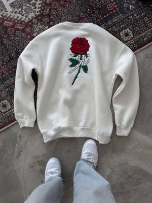 Lunelis Unisex Bisiklet Yaka Ön ve Arka Baskılı Sweatshirt - Beyaz