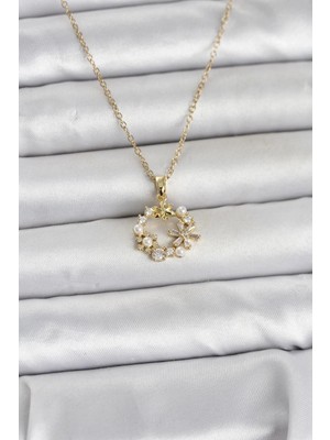 Moresun Buğz 316L Çelik Zincir Gold Renk Incili Çiçek Model Kadın Koyle