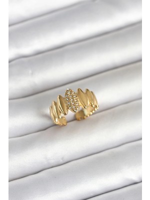 Moresun Buğz 316L Çelik Gold Renk Zirkon Taşlı Vintage Model Kadın Yüzük