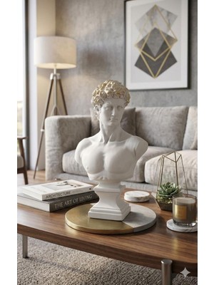 Mirsa Global Modern Dekoratif Biblo – Beyaz Gold Detaylı David/ Davut Heykeli, Salon Konsol & Sehpa Üstü Şık Ev Dekorasyonu, Lüks Ofis Aksesuarı