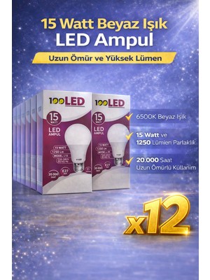 Ugrx LED Ampul 15 Watt Beyaz Işık 6500K Yüksek Lümen E27 Duy Uzun Ömürlü 12 Adet
