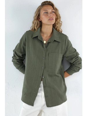 Hiccup Kadınlar Cepli Keten Gömlek Haki Yeşil