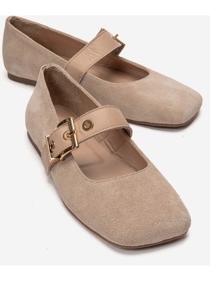 Luvi Jonas Bej Süet Hakiki Deri Kemerli Kadın Babet Ayakkabı